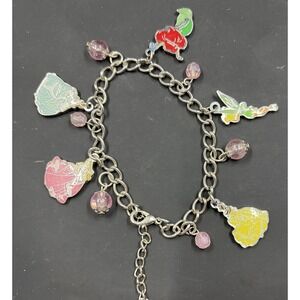 Vintage Disney Silvertone Charm Bracelet Belle Ariel Tinkerbell Cinderella